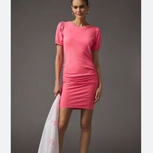 anthropologie Sundry Hot Pink Puff Sleeve Tee dress m new